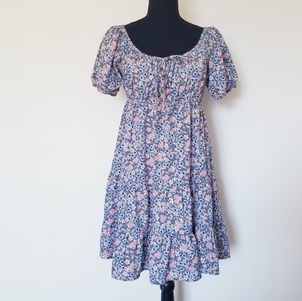 Salt & Sugar Spring Dress Puffed Sleeves Babydoll Blue Ditsy Floral L